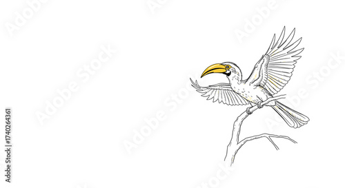 Elegant hornbill on branch with wings outstretched in a stylized illustration.