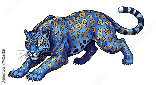 Striking blue and gold jaguar prowling with intent on a white background