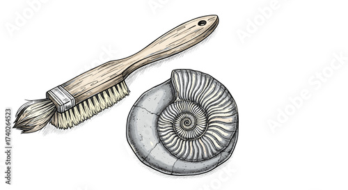 Fossil Preparation: Cleaned Ammonite Fossil Illustration with Cleaning Brush Isolated