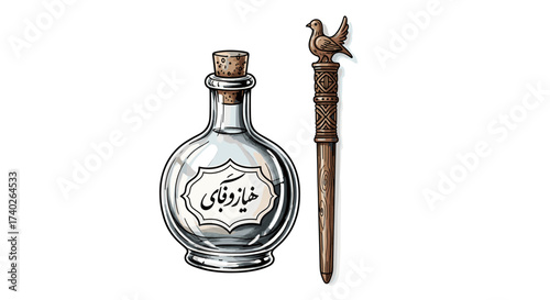 Elegant perfume bottle with cork and decorative bird hairpin illustration