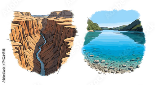 Contrasting Landscapes: Grand Canyon and Tranquil Lake Scene Illustration