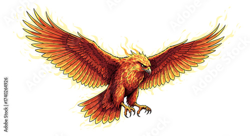 Fiery Phoenix Ascending: Wings of Flame Against White Background