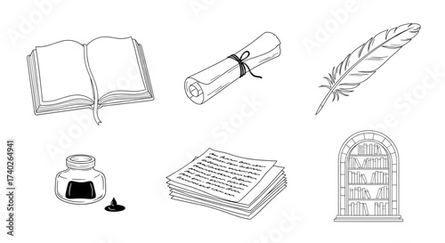 Artistic Line Art Set: Writing, Books, and Scholarly Pursuits