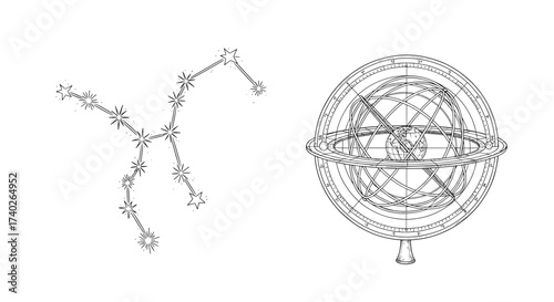 Celestial Cartography: Constellation Taurus and an Armillary Sphere Illustration