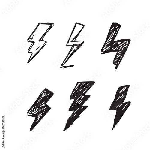 Thunder lightning doodle icon collection in vector on isolated white background