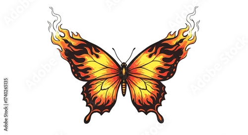 Fiery Butterfly Illustration with Flaming Wings on a White Background