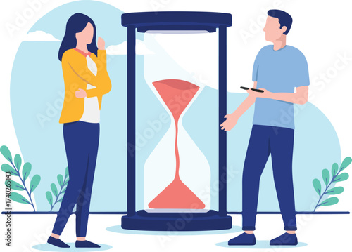 Business waiting - Two people with hour glass standing in patience watching as time goes by. Flat design vector illustration with white background