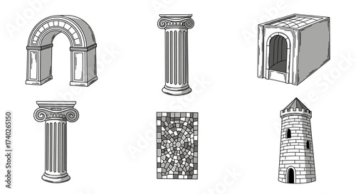 Architectural Drawings: Classical Elements including Arches, Columns, Mosaic, and Tower