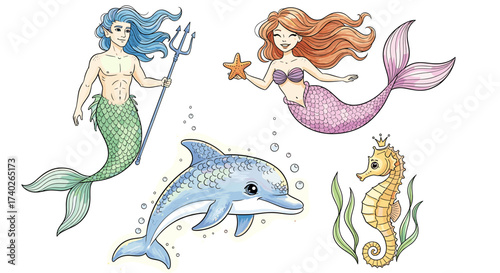 Whimsical Ocean World: Mermaid, Merman, Dolphin and Seahorse Illustration