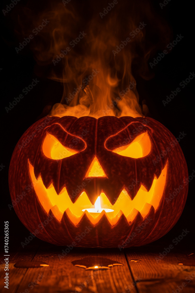 Fototapeta premium Pumpkin with Evil Smile and Candle Light for Halloween Night