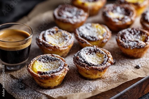 Portuguese custard tarts arranged on parchment paper sprinkled with powdered sugar and paired with an espresso shot