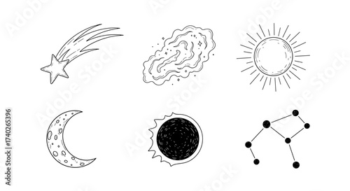 Doodle Set of Celestial Bodies: Moon, Sun, Galaxy, Constellation