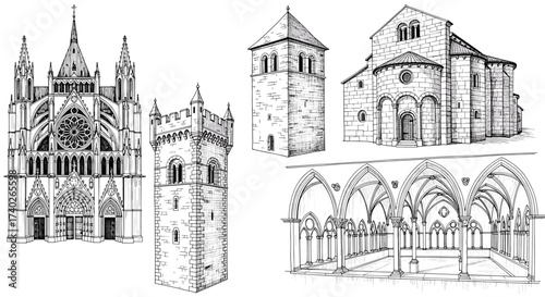 Architectural Sketches: Ornate Buildings, Towers and Vaulted Interior in Line Art