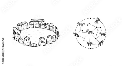 Neolithic Structures and Animal Constellations Illustrated in Black and White Ink