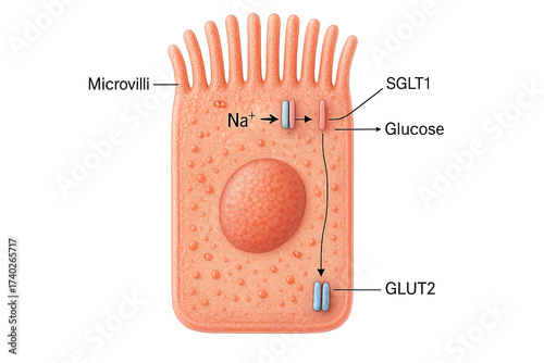 Diagram illustrating glucose absorption in an intestinal epithelial cell, highlighting Na+-glucose cotransporter (SGLT1) and glucose transporter (GLUT2).