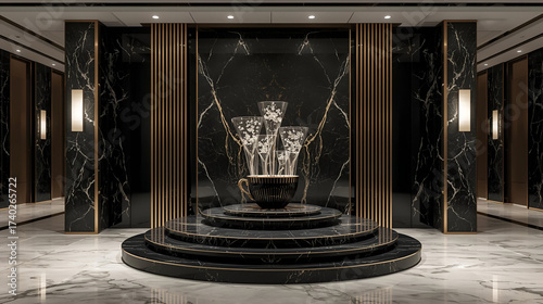 Luxurious modern lobby with central sculpture and dramatic lighting