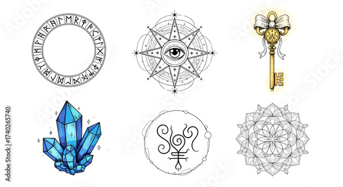 Mystical Symbols Collection: Rune Circle, Eye Star, Key, Crystal and Mandala