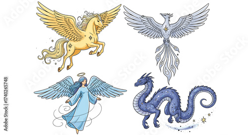 Magical Creatures Compilation: Angel, Pegasus, Phoenix, and Dragon Artistically Illustrated