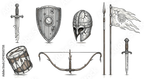 Collection of Ancient Battle Instruments and Equipment, Ready for Battle