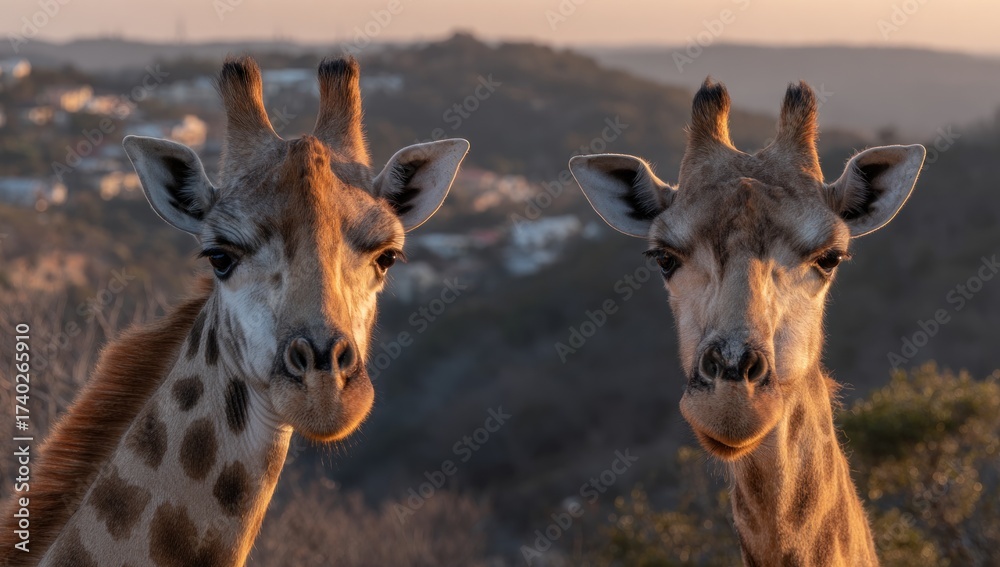 Fototapeta premium Two giraffes, illuminated by golden light, in front of a blurry landscape