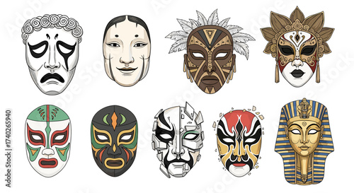 Diverse Cultural Masks Displayed Against a White Background