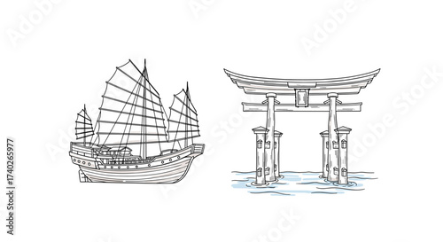 Maritime Exploration: An Exotic Sailing Ship and Japanese Torii Gate Drawing