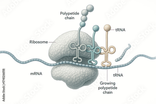 Illustration of a ribosome translating mRNA into a polypeptide chain with tRNA molecules involved in the process.
