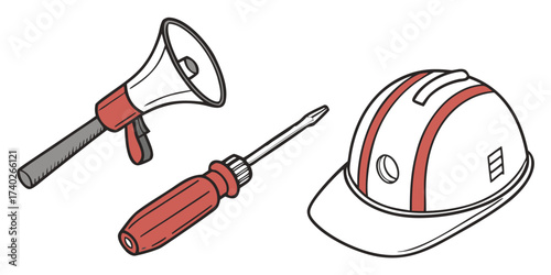 Megaphone, screwdriver, and hard hat for safety and construction illustration