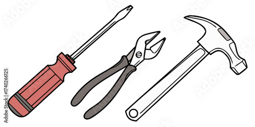 Assorted hand tools including screwdriver, pliers, and hammer