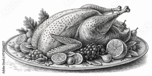A detailed monochrome drawing of a roasted turkey garnished with fruits on an ornate serving platter dish