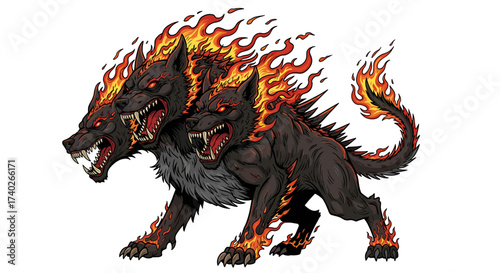 Fierce Three Headed Hellhound with Flames Cerberus Vector Illustration