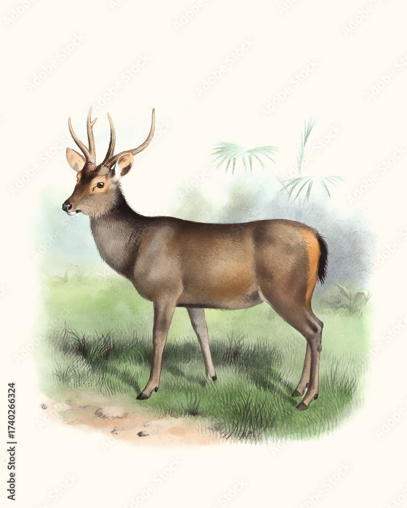 Fototapeta premium Deer illustration. Handmade watercolor and pencil drawing of deer on light beige background.