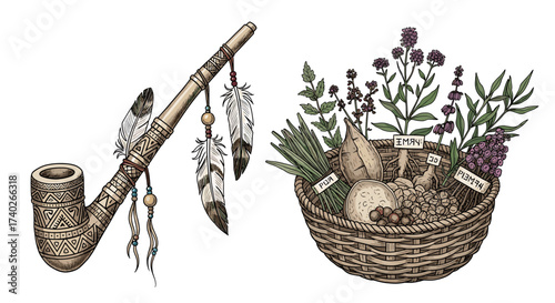 Native American pipe and herbal basket, healing plants of indigenous people