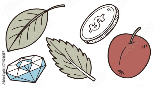 Assorted simple icons including leaf, coin, apple, gem, and diamond