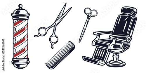 Vintage barber shop tools including barbershop pole, scissors, comb, and chair