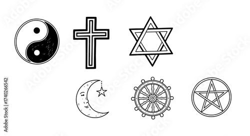 Diverse symbols representing different world religions and philosophies, black and white