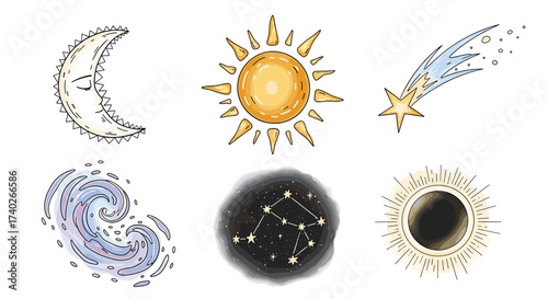 Celestial Collection: Whimsical Moon, Sun, Stars, Galaxy Illustration