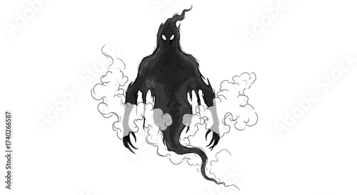 Ethereal Shade: Ink Monster Wrapped in Mysterious Smoke on White