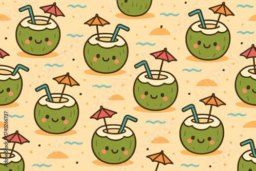 Seamless pattern of cute smiling green coconuts with straws and umbrellas on a sandy beach background