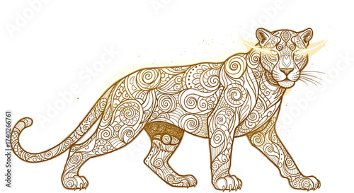 Elegant golden detailed patterned jaguar on a clean white backdrop