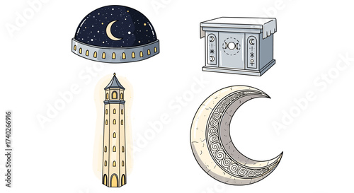Witchcraft Elements Set Featuring Moon, Tower, Altar, and Night Sky