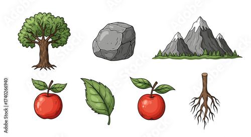 Cartoonish Elements of Nature: Tree, Rock, Mountain, Apple, Leaf, Roots