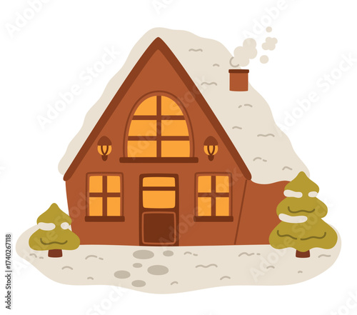 Brown Christmas chalet house with snowy roof, cozy winter holiday illustration.