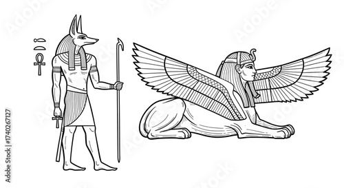 Ancient Egyptian Deities: Anubis and Sphinx, Outlined Mythological Figures