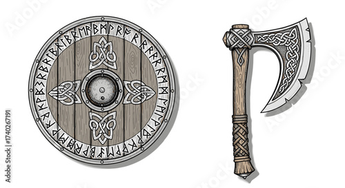 Viking shield with runes and detailed axe weapon illustration