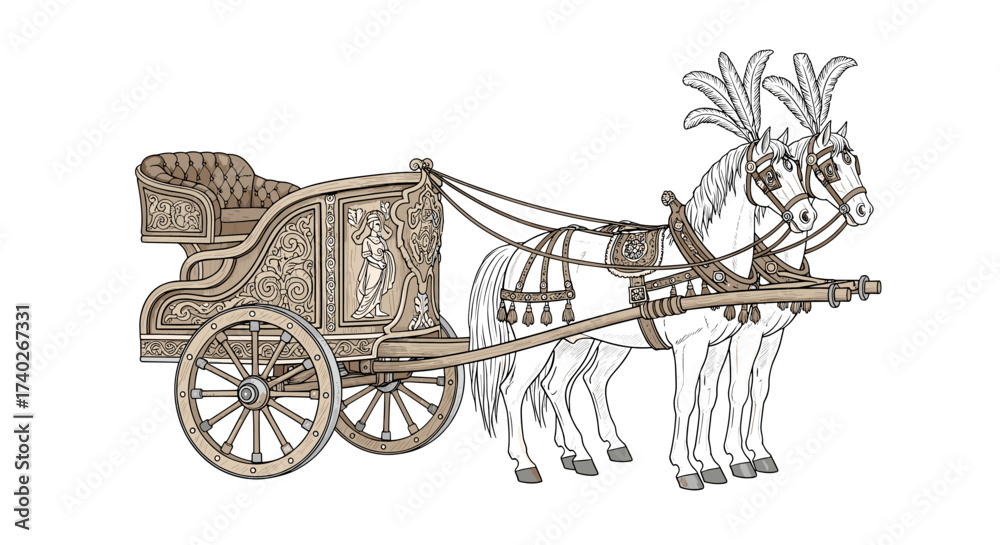 Fototapeta premium Ornate chariot pulled by white horses with feathered headdresses