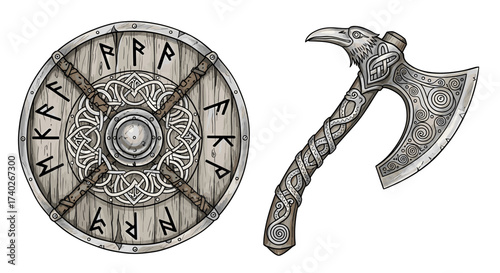 Viking Warrior's Gear: Shield and Axe of Legend and Power