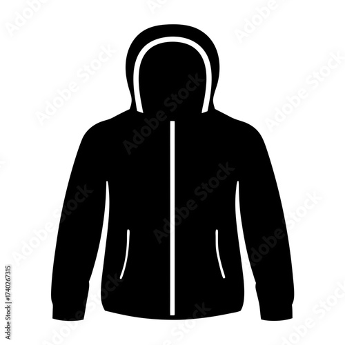Simple graphic representation of a hooded sweatshirt with zipper and pockets