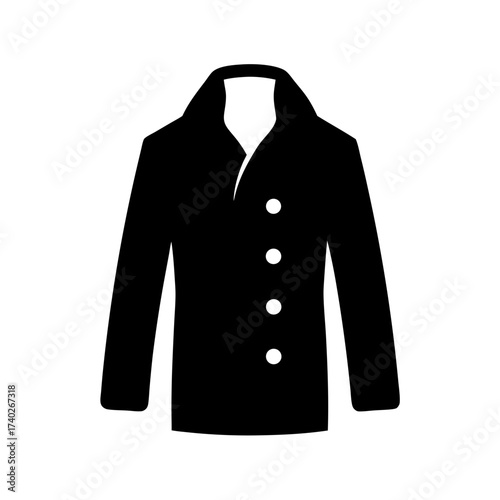 Formal black overcoat with four white buttons, lapel collar design