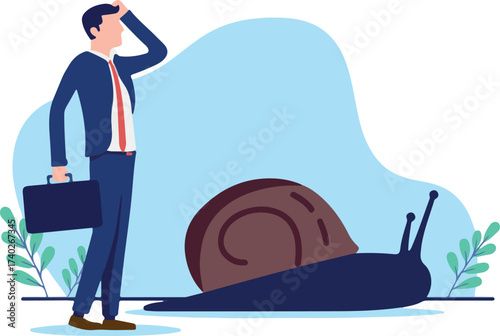 Slow boring business - Frustrated businessman holding hand in face, feeling bored and unsatisfied for lack of progress and growth in bureaucracy. Flat design vector illustration on white background